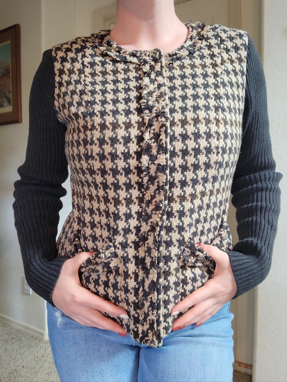 CAbi #978 Preppy Formal Houndstooth Mixer Sweater Jacket Women's Size 4
